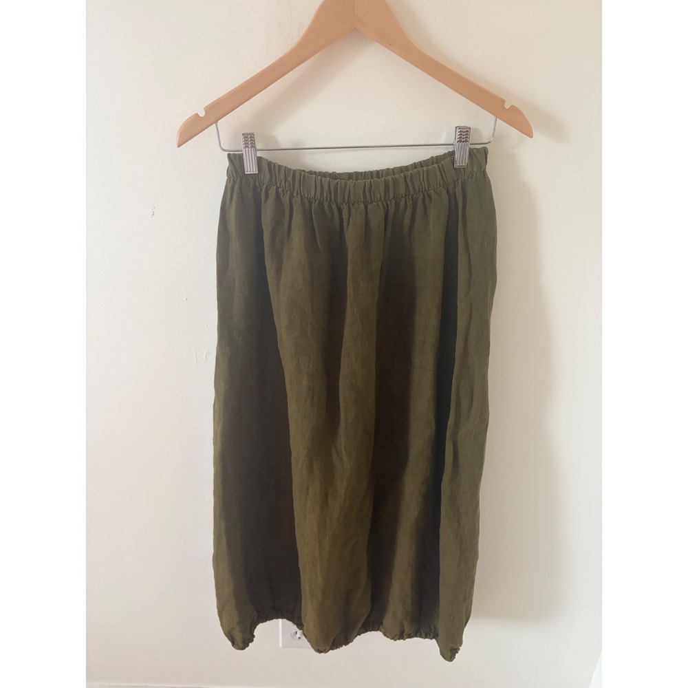 Bryn Walker Casbah Linen Bubble Skirt Olive Green Elastic Waist Midi Small USA